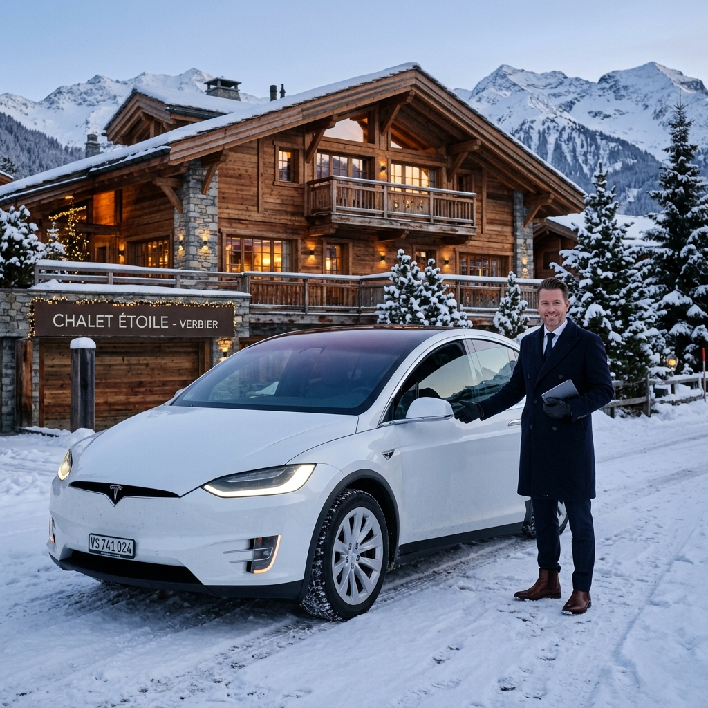Professional chauffeur with white Tesla in Verbier