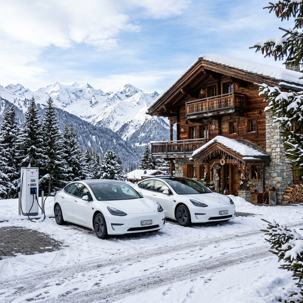 White Tesla fleet charging in Verbier